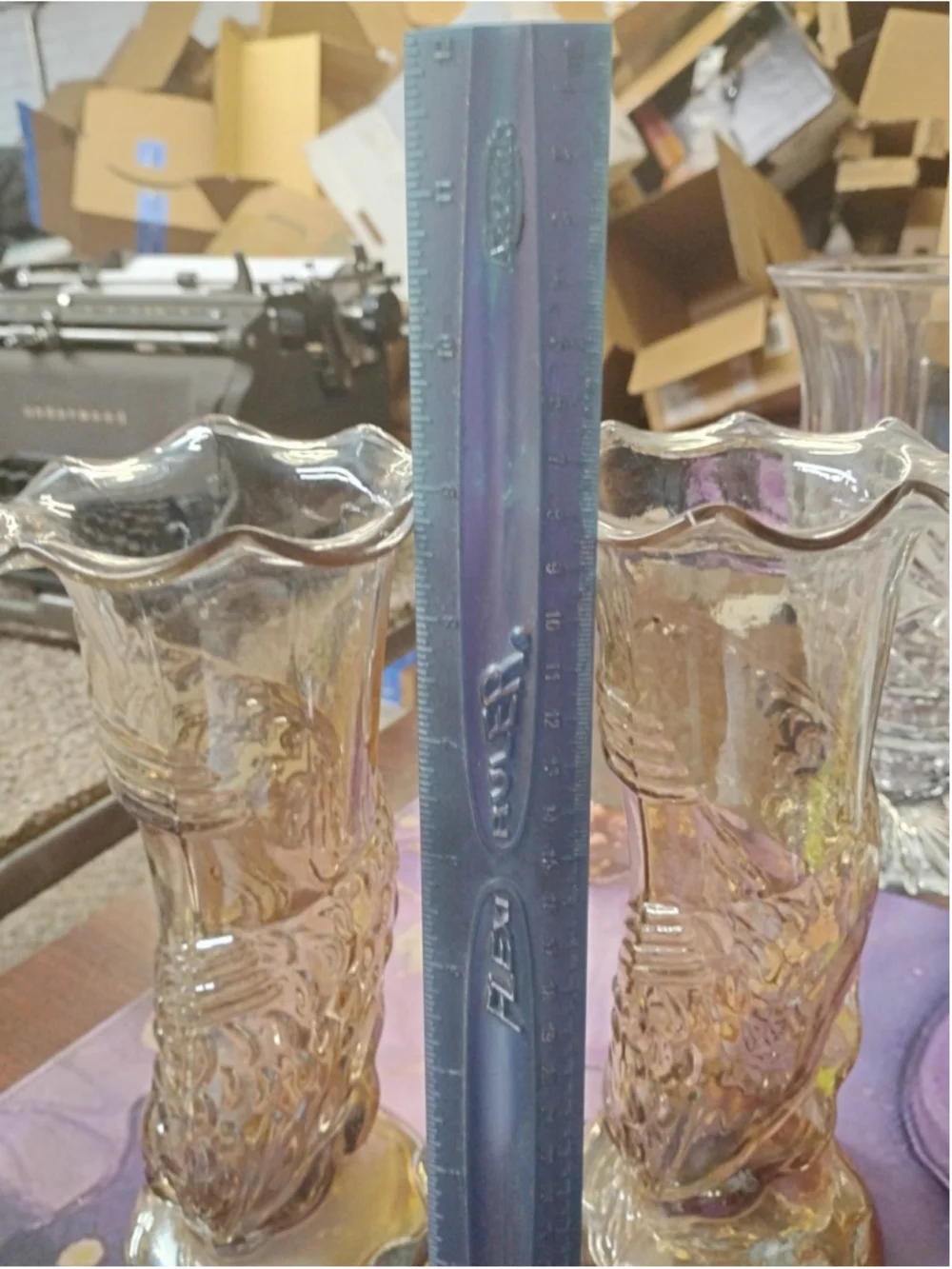 Vintage Flower Vase Pair Carnival Glass Marigold Koi Fish Design Decorative
